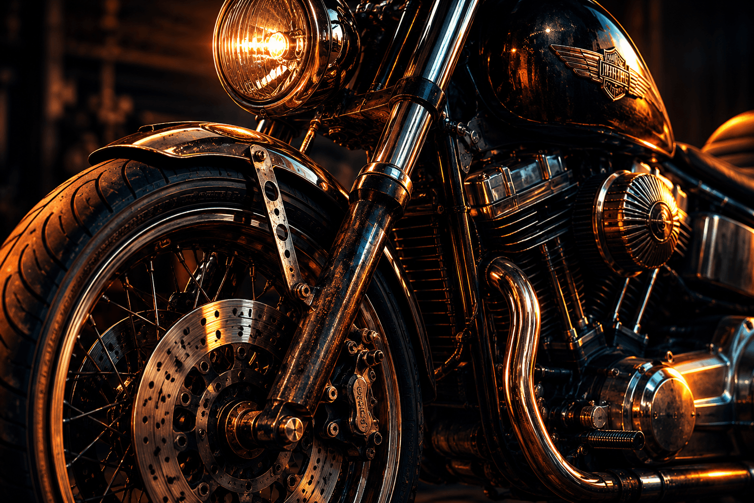 Close-up of a rusty vintage motorcycle engine with chrome exhaust