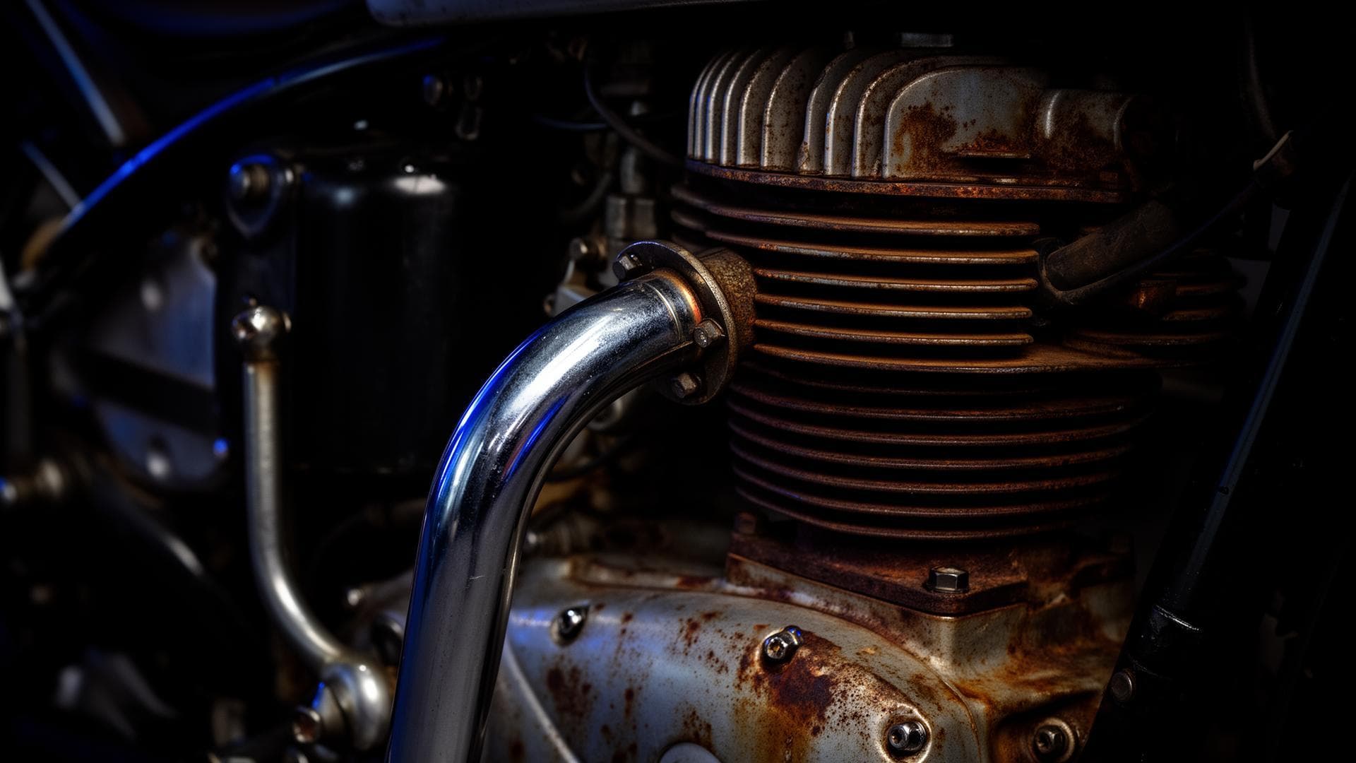 Close-up of a rusty vintage motorcycle engine with chrome exhaust
